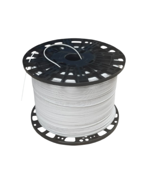Câble fibre optique single mode plat 1 brin G657A1 gaine LSZH blanche, renforcé par 2 fils d'acier 0.4mm, dimension 2mmx3mm en touret plastique de 2km
