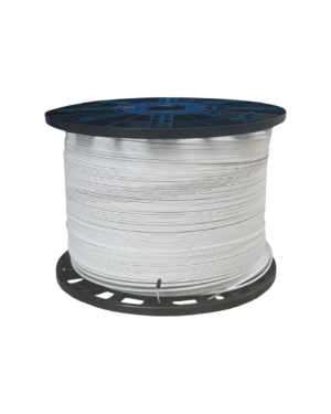 Câble fibre optique single mode plat 2 brins G657A1 gaine LSZH blanche, renforcé par 2 fils d'acier 0.4mm, dimension 2mmx3mm en touret plastique de 2km